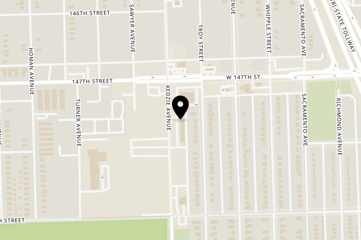 Map showing the location of Jelly's Botanas & Mas on 14733 Kedzie Ave in Posen